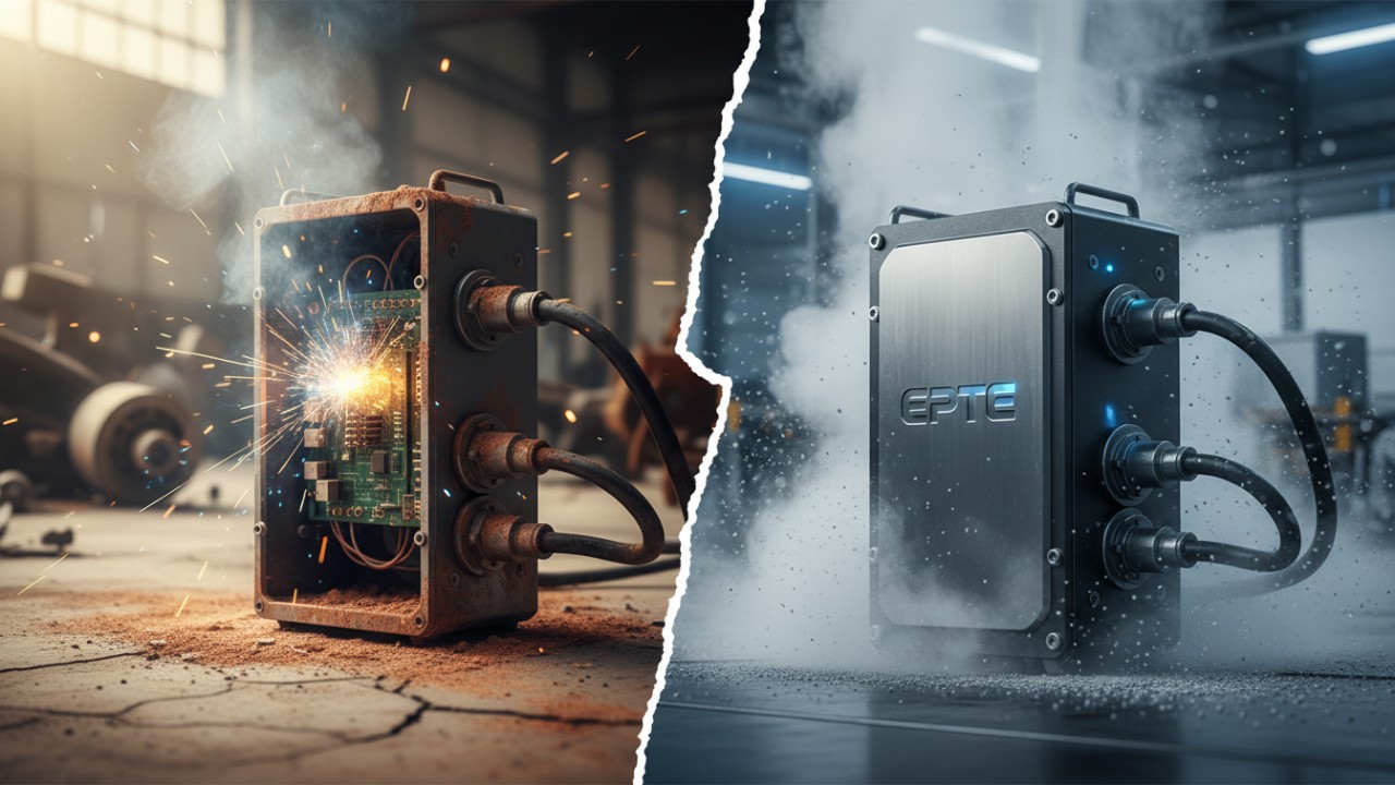 Comparison of a failing generic power unit versus a durable EPTE PDU in a harsh industrial environment.