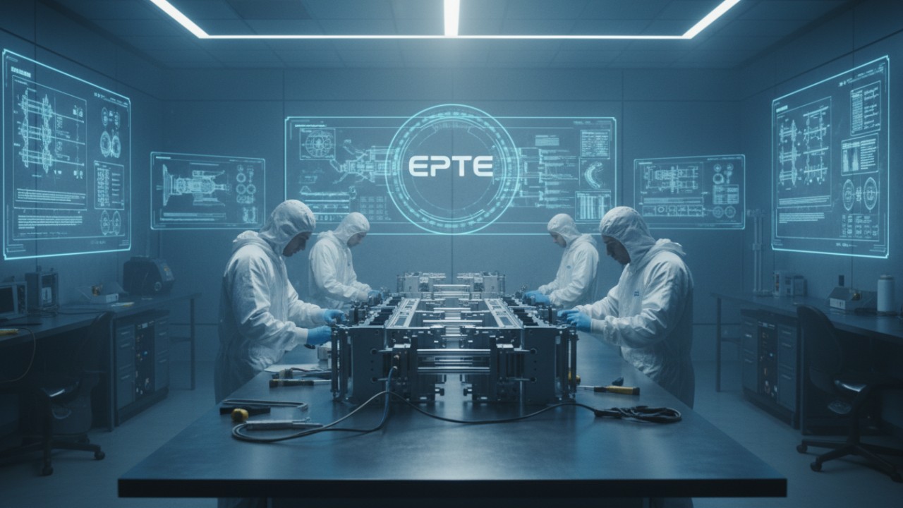 High-tech laboratory setting where engineers are assembling a modern power distribution unit with the EPTE logo visible on a digital screen.