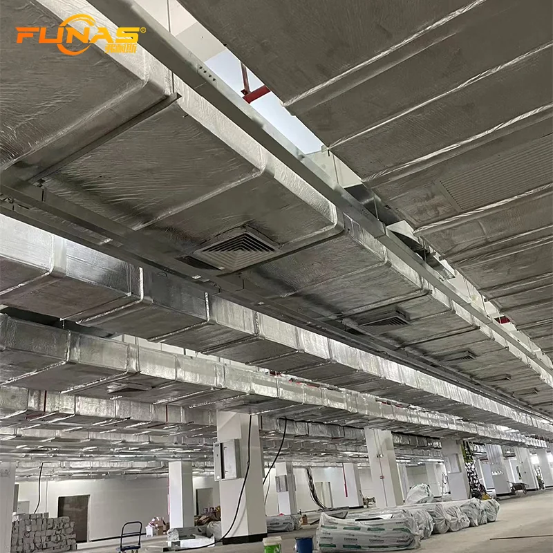 FUNAS aluminum-faced insulation installed on rectangular HVAC ductwork - FUNAS
