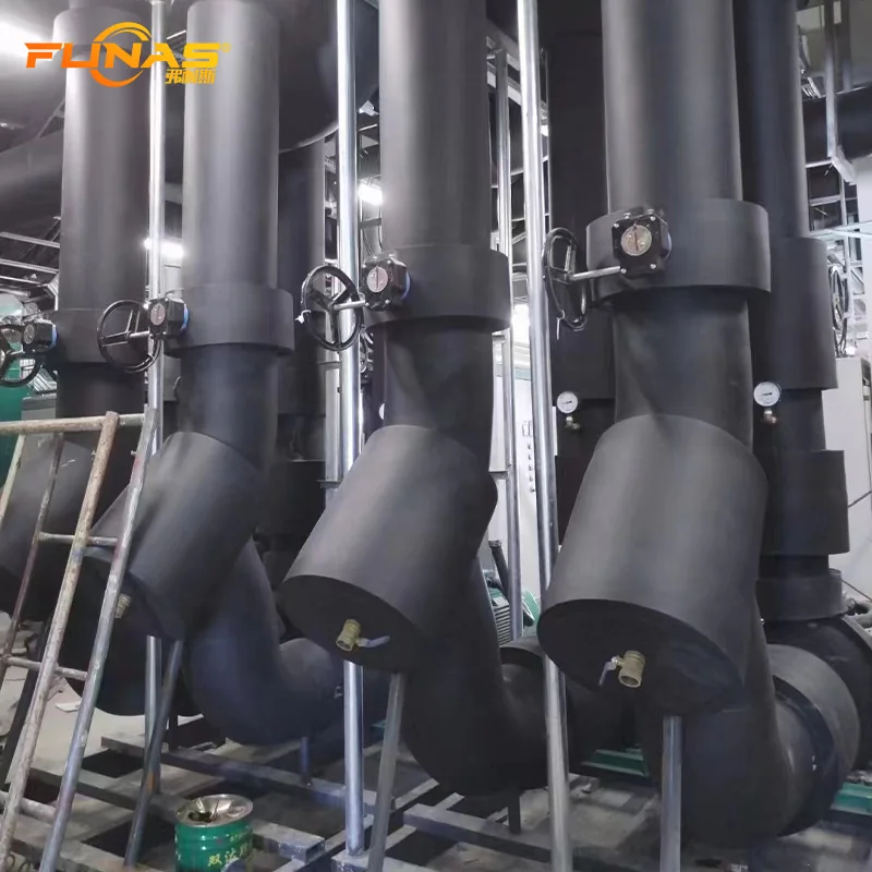 FUNAS rubber foam insulation installed on large industrial pipes and fittings - FUNAS