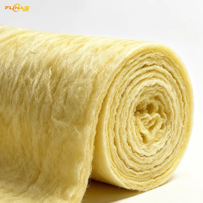 Close-up of glass wool insulation roll showing yellow fiberglass texture - FUNAS