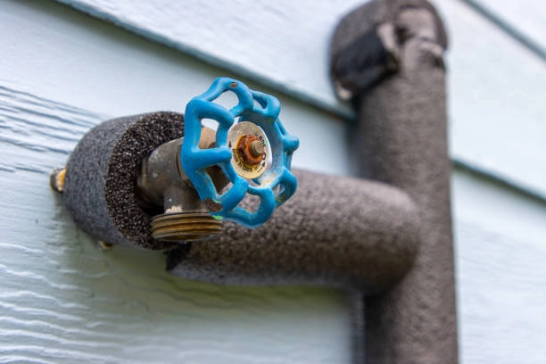 Close-up of a blue water valve on an insulated outdoor pipe against light blue siding. - FUNAS
