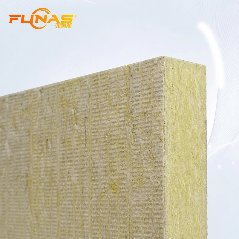 Close-up of rock wool insulation board showing fiber texture and board thickness - FUNAS