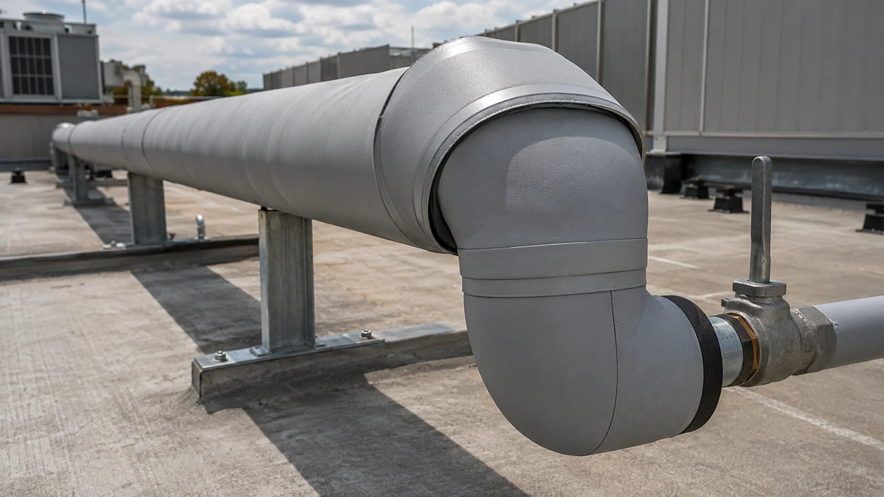 Outdoor HVAC pipe with NBR rubber foam insulation protected by sealed weather jacketing on a commercial rooftop - FUNAS