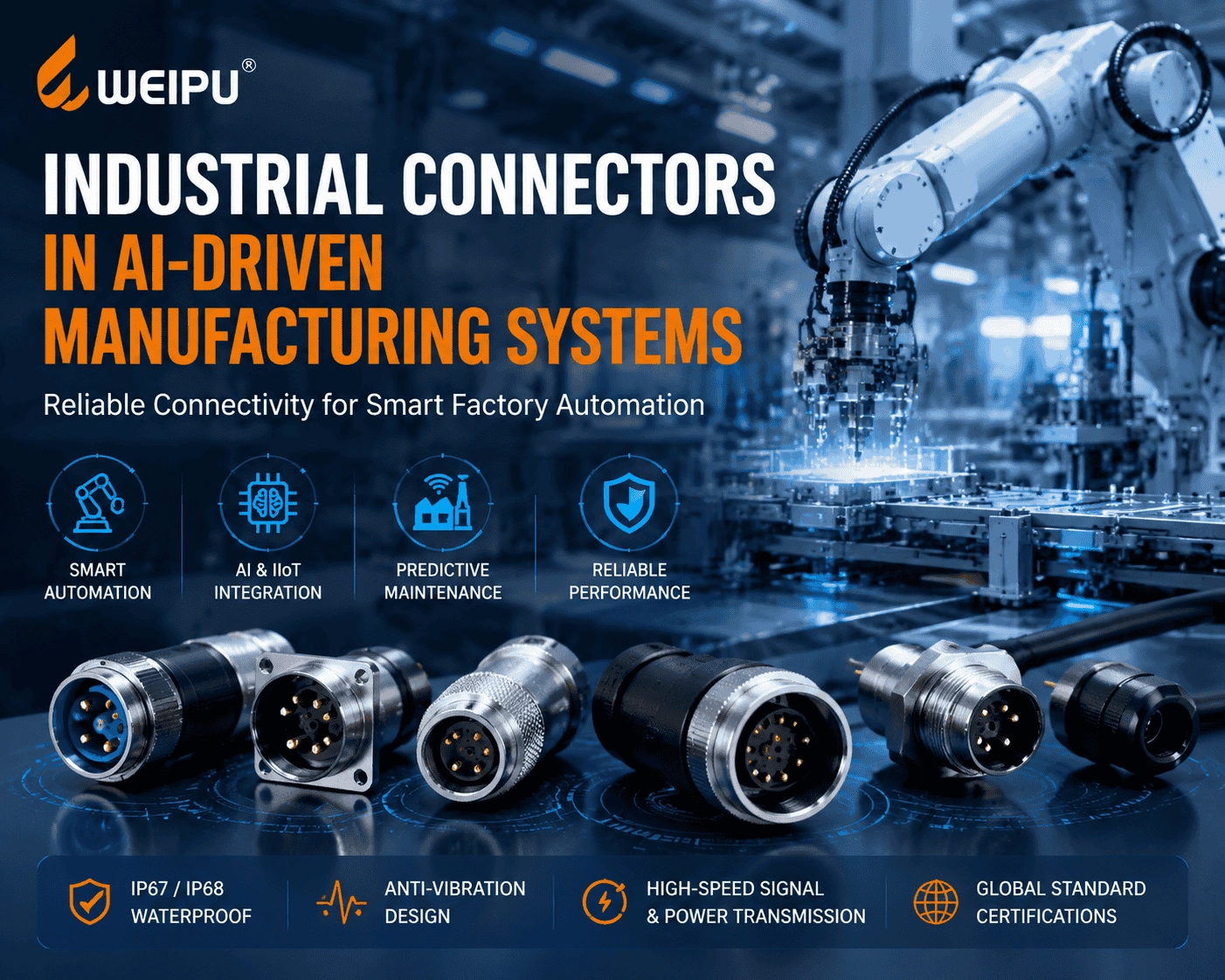 WEIPU industrial connectors for AI-driven manufacturing systems including circular connectors, M23 connectors and IP67 waterproof connectors used in smart factory automation - WEIPU