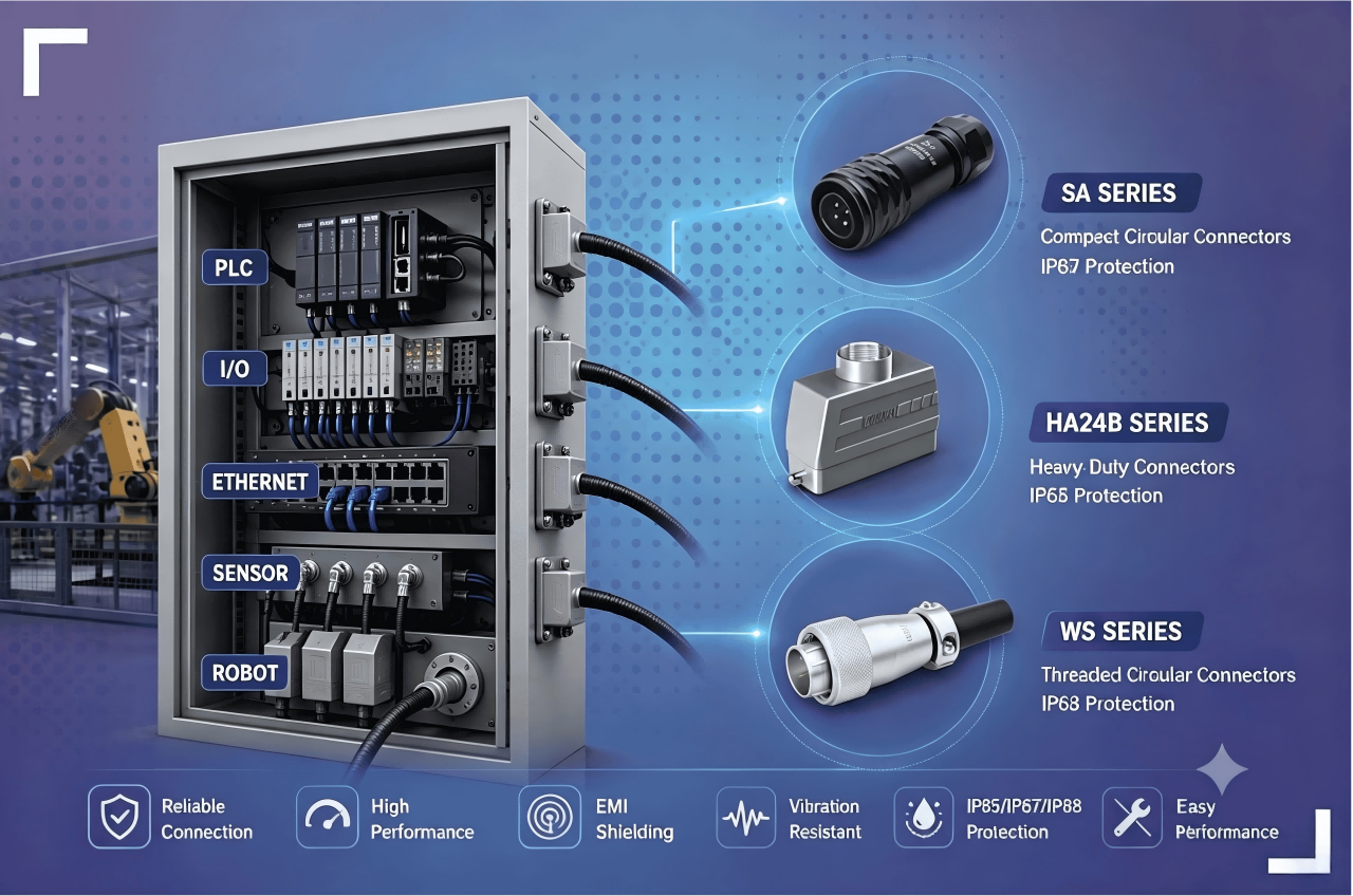 0811 Industrial control cabinet diagram showing PLC I/O Ethernet Sensor Robot automation system with WEIPU SA HA24B WS series circular heavy‑duty connectors for reliable industrial connectivity