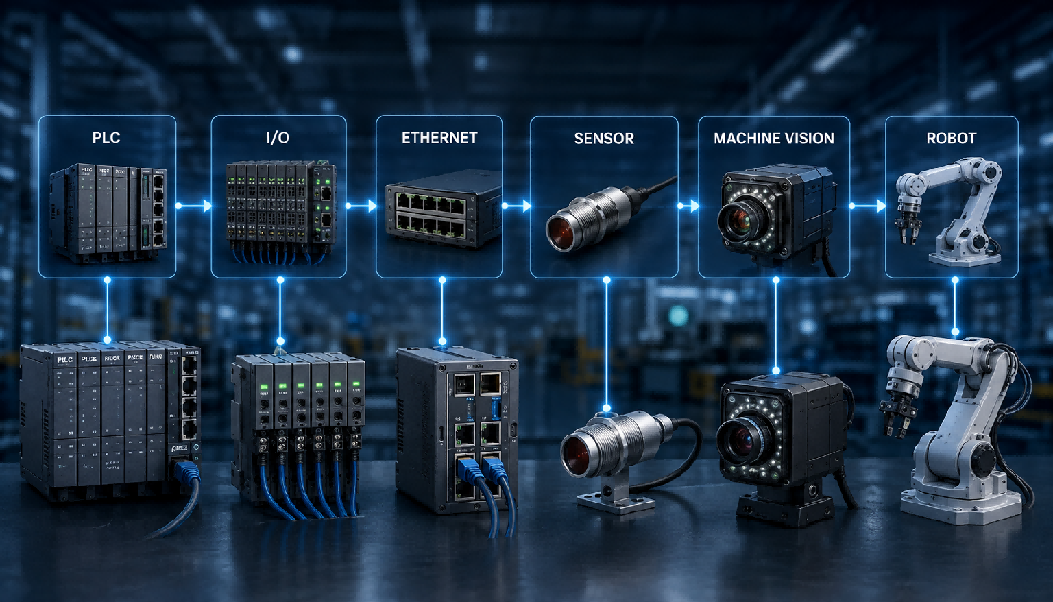 Industrial automation network architecture Industrial automation network architecture connecting PLC, I/O, Ethernet, sensors and robots