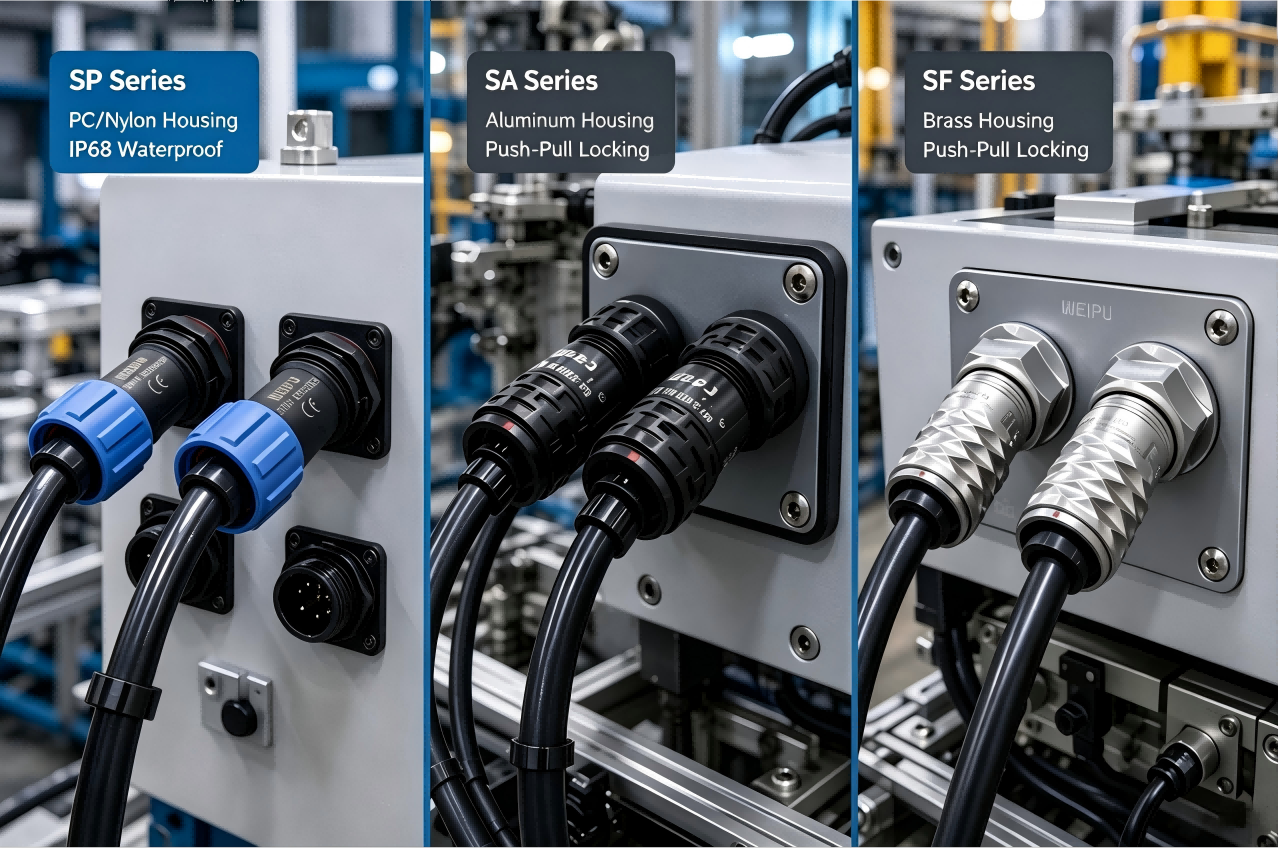 Industrial connector housing materials including metal and plastic used in factory automation Industrial connector housing materials including metal and plastic used in factory automation