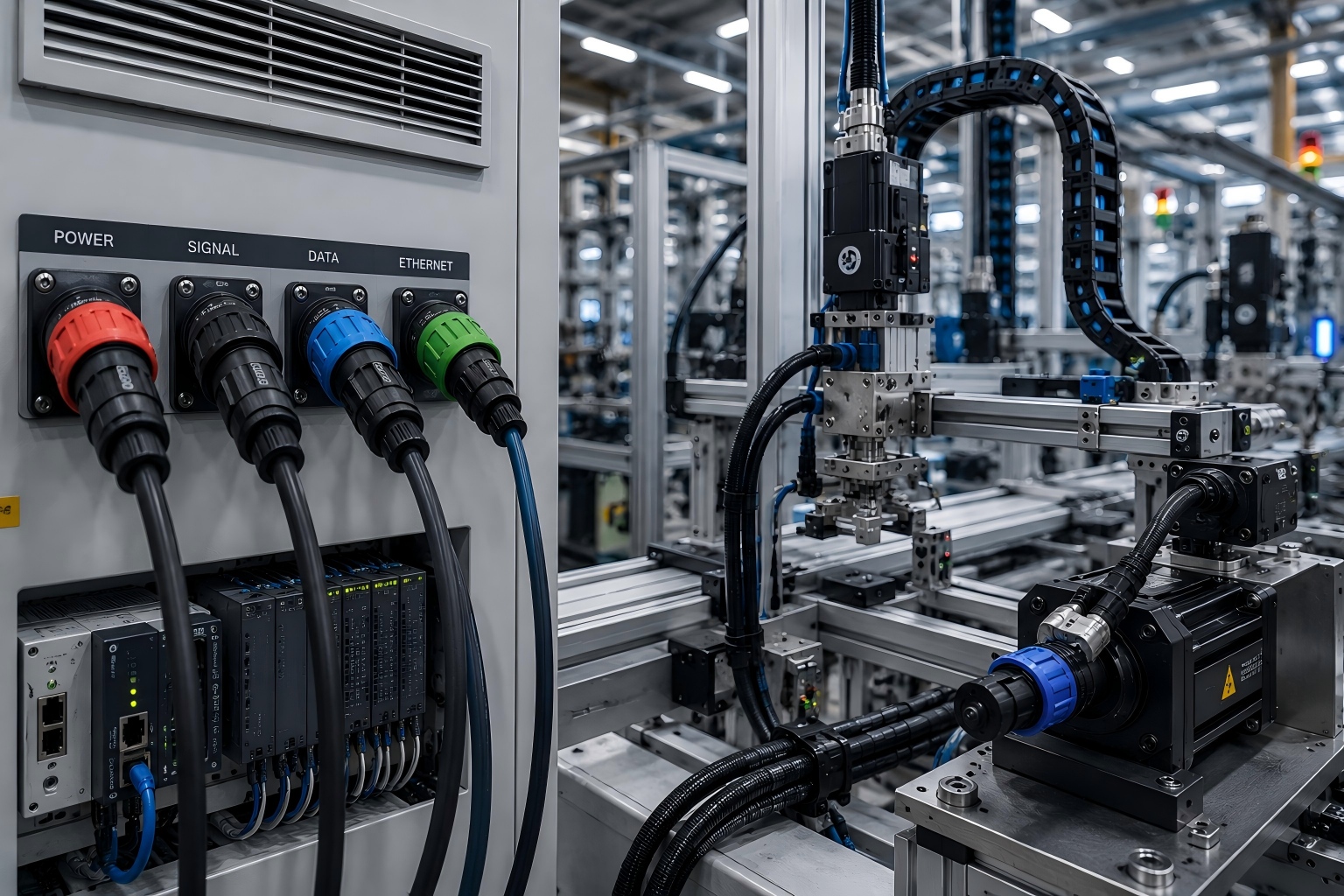 Hybrid industrial connectors connecting power and signal between control cabinet and automation equipment Hybrid industrial connectors connecting power and signal between control cabinet and automation equipment