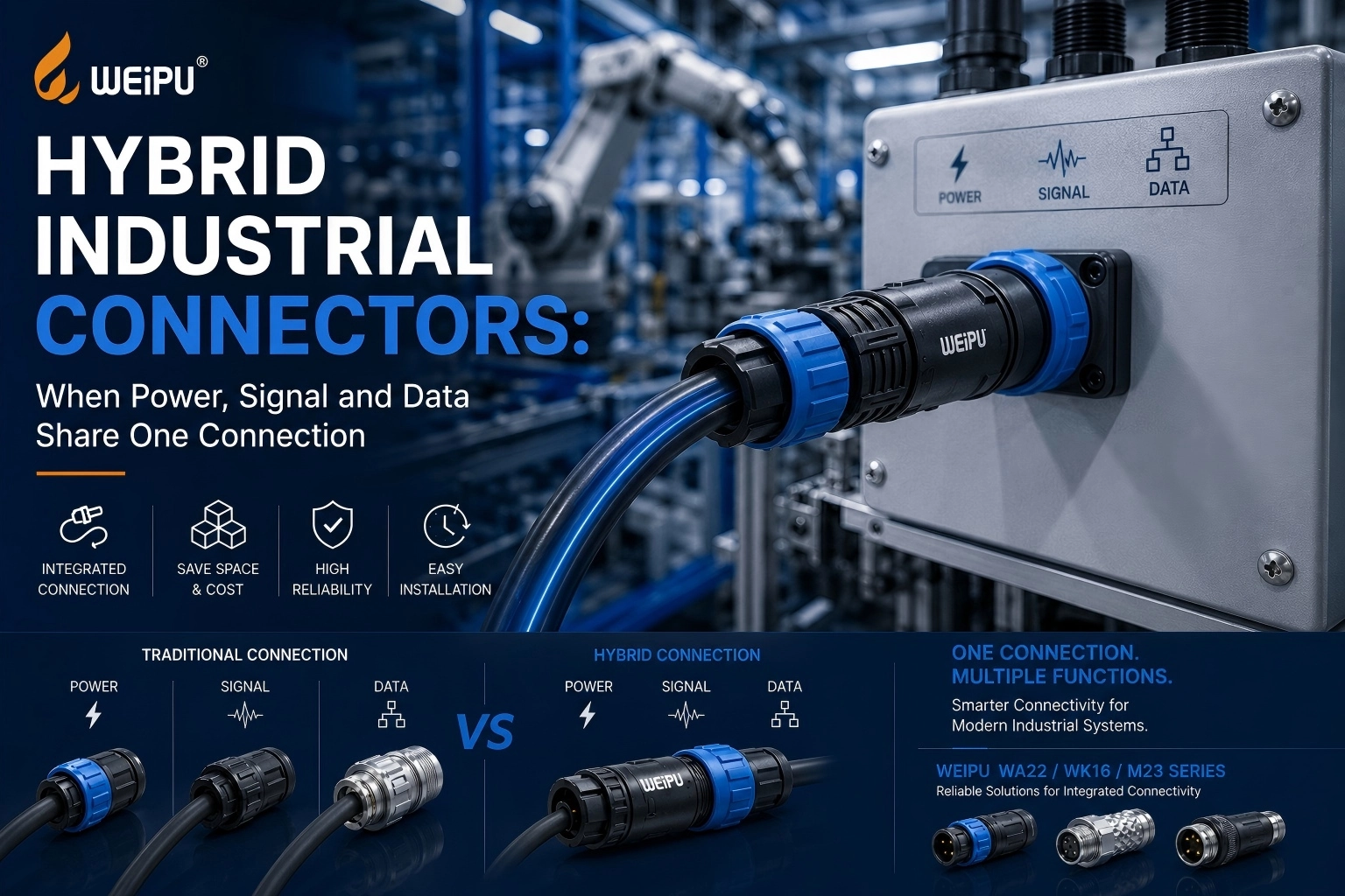 Hybrid industrial connector combining power, signal and data connections in factory automation - WEIPU