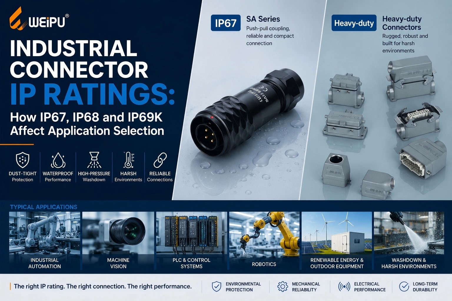 Industrial connector IP ratings infographic showing SA series and heavy‑duty connectors for automation harsh environments - WEIPU