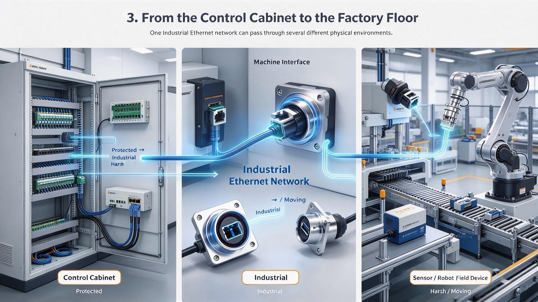 Industrial Ethernet connection from control cabinet to machine and field devices