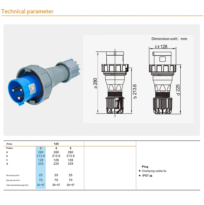 125A 3PIN Plug Clamping cable fix TYP971-IP67 2 - WEIPU