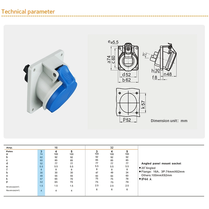 16A 3PIN Angled Panel mount socket TYPR3601-IP44 2 - WEIPU 16A 3PIN Angled Panel mount socket TYPR3601-IP44 2 - WEIPU