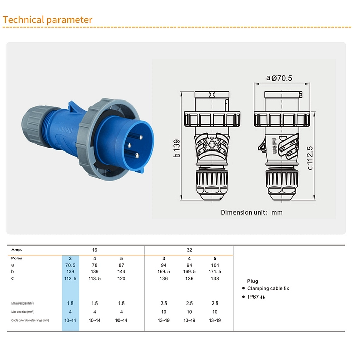 16A 3PIN Clamping cable fix TYPR171-IP67 2 - WEIPU 16A 3PIN Clamping cable fix TYPR171-IP67 2 - WEIPU