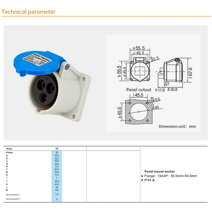 16A 3PIN Panel mount socket TYP5101-IP44 2 - WEIPU