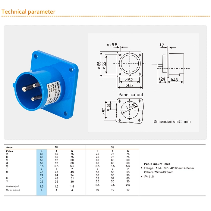 16A 3PIN Panle Mount Inlet TYP531-IP44 2 - WEIPU