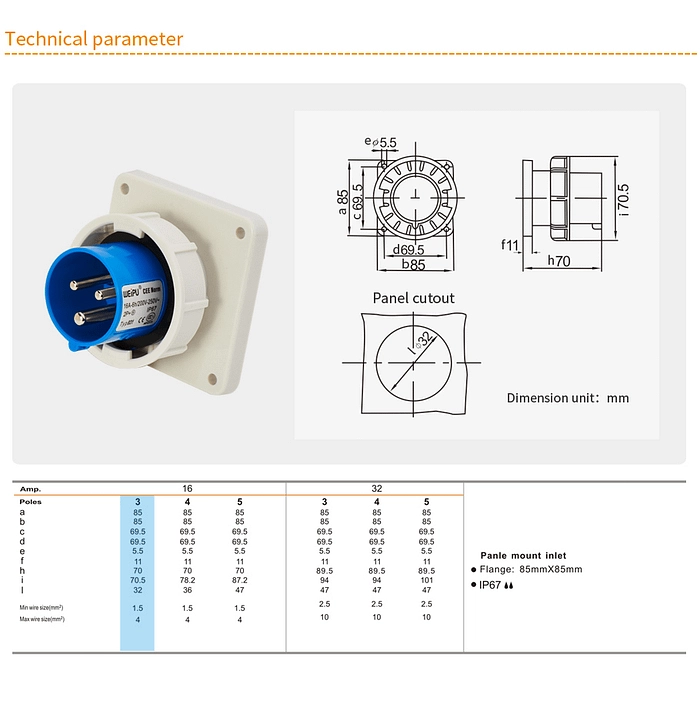 16A 3PIN Panle Mount Inlet TYP831-IP67 2 - WEIPU