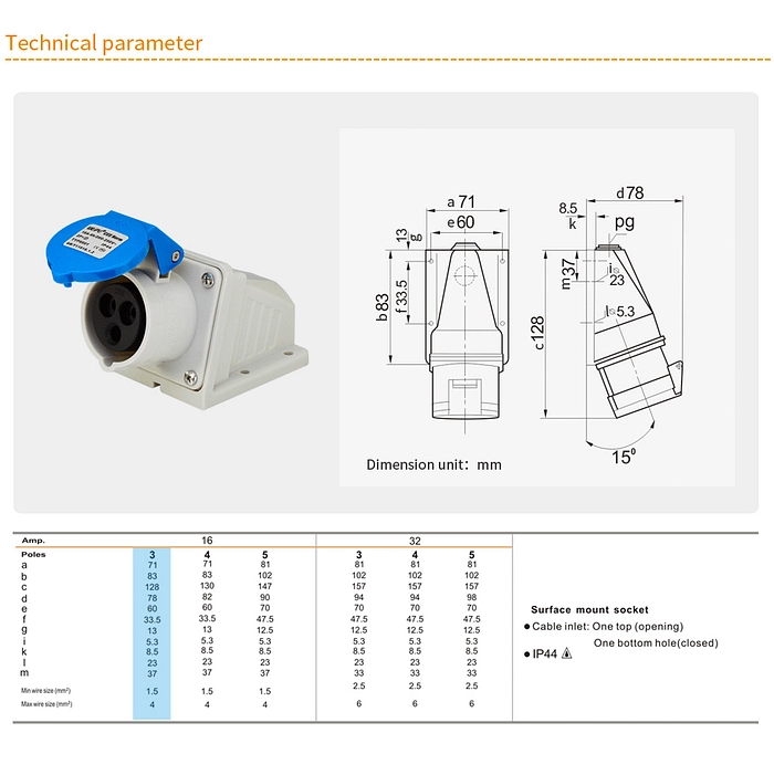 16A 3PIN Surface Mount Socket TYP6601-IP44 2 - WEIPU 16A 3PIN Surface Mount Socket TYP6601-IP44 2 - WEIPU