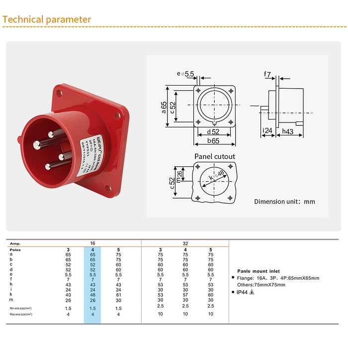 16A 4PIN Panle Mount Inlet TYP533-IP44 2 - WEIPU