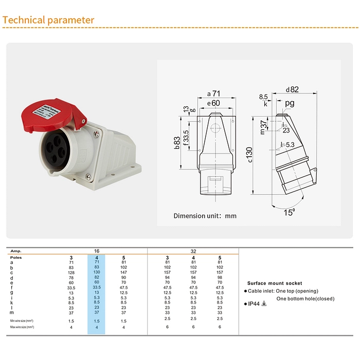 16A 4PIN Surface Mount Socket TYP6618-IP44 2 - WEIPU
