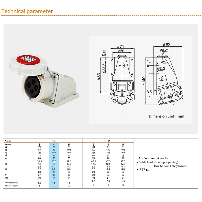16A 4PIN Surface Mount Socket TYP8619-IP67 2 - WEIPU
