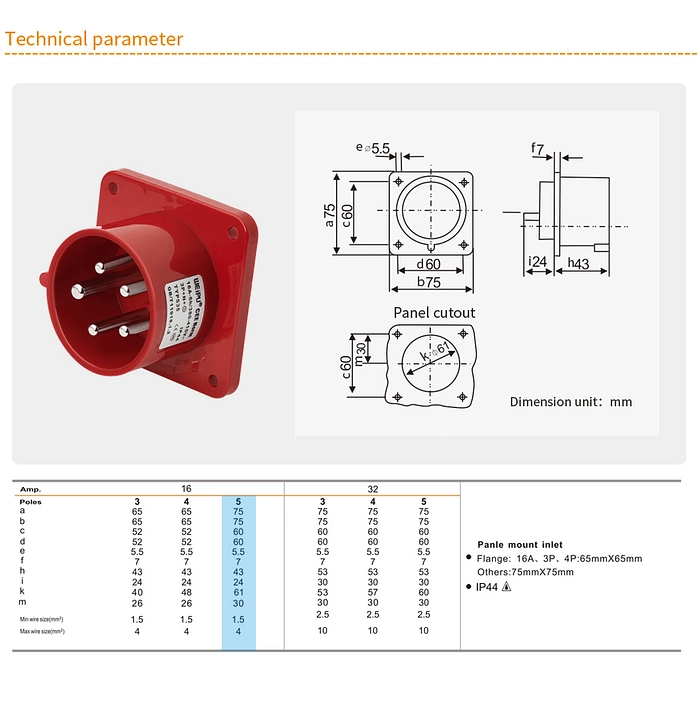 16A 5PIN Panle Mount Inlet TYP535-IP44 2 - WEIPU