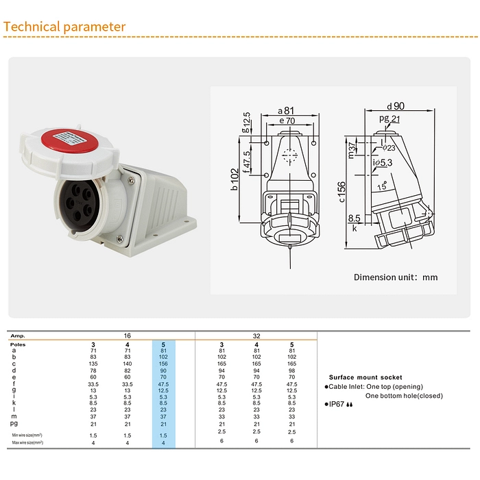 16A 5PIN Surface Mount Socket TYP8624-IP67 2 - WEIPU