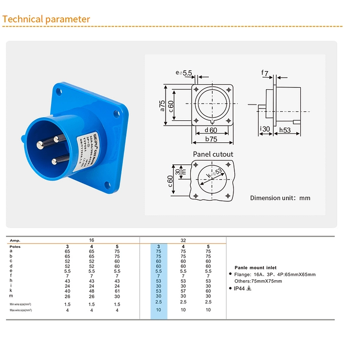 32A 3PIN Panle Mount Inlet TYP581-IP44 2 - WEIPU 32A 3PIN Panle Mount Inlet TYP581-IP44 2 - WEIPU