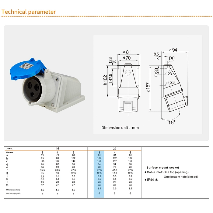 32A 3PIN Surface Mount Socket TYP6801-IP44 2 - WEIPU 32A 3PIN Surface Mount Socket TYP6801-IP44 2 - WEIPU