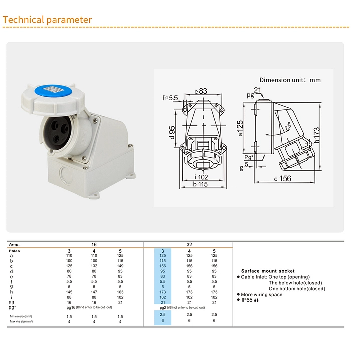 32A 3PIN Surface Mount Socket TYP6802-IP65 2 - WEIPU
