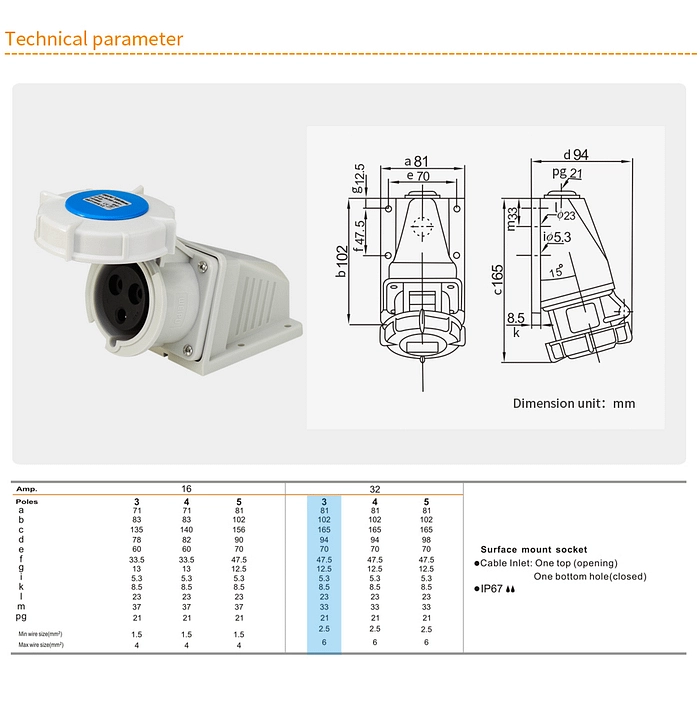 32A 3PIN Surface Mount Socket TYP8802-IP67 2 - WEIPU 32A 3PIN Surface Mount Socket TYP8802-IP67 2 - WEIPU