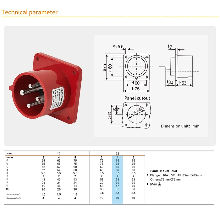 32A 4PIN Panle Mount Inlet TYP583-IP44 2 - WEIPU