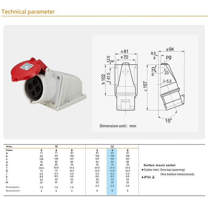 32A 4PIN Surface Mount Socket TYP6818-IP44 2 - WEIPU