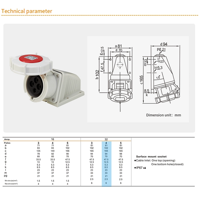 32A 4PIN Surface Mount Socket TYP8819-IP67 2 - WEIPU