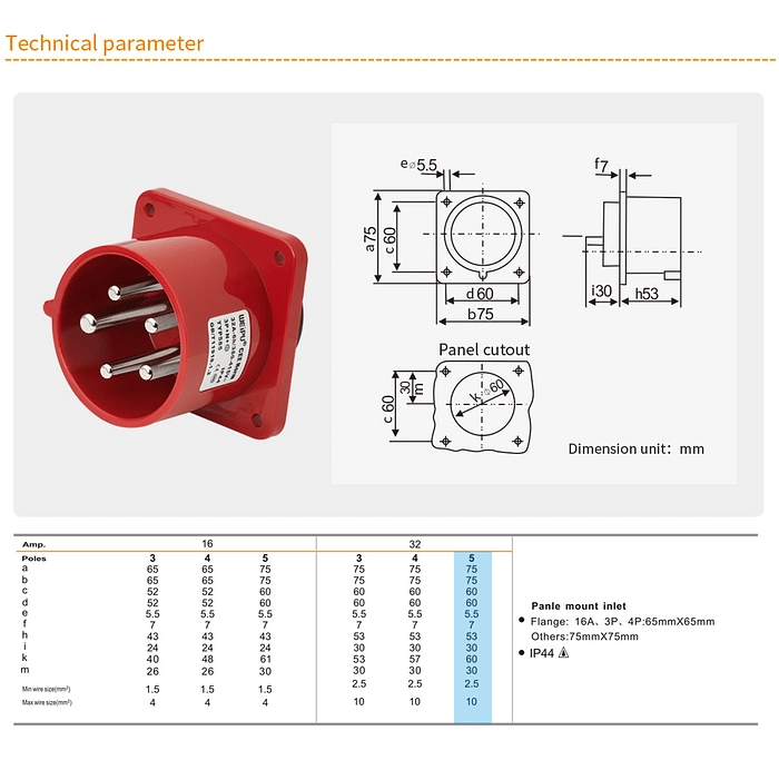 32A 5PIN Panle Mount Inlet TYP585-IP44 2 - WEIPU