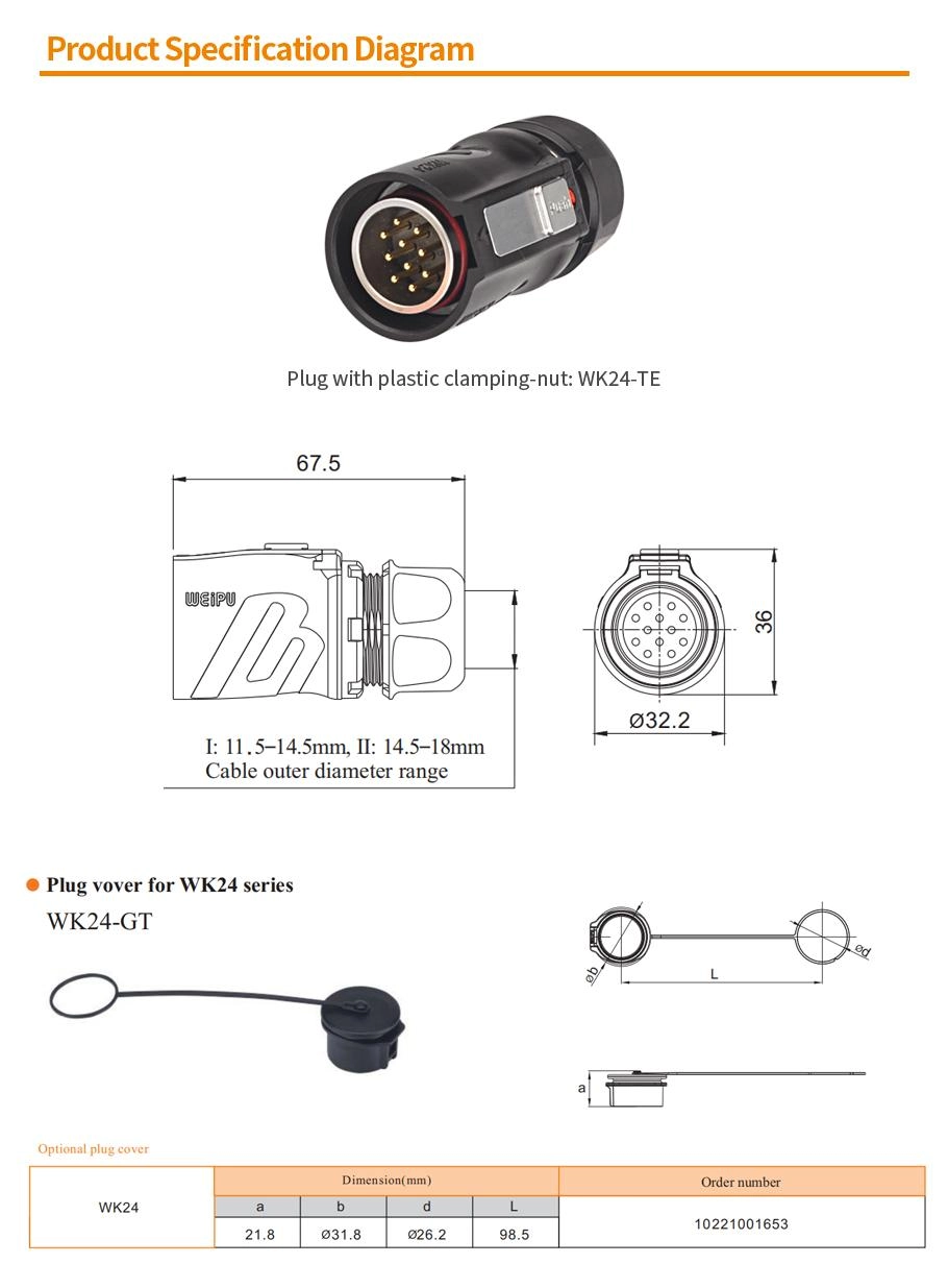 WK24 TE circular connector dimension specification drawing with size parameters for engineering reference - WEIPU