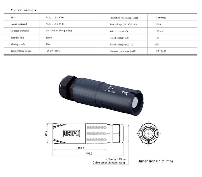400Amp Male-contact plug WH400A-TJ-L2 IP67 2 - WEIPU