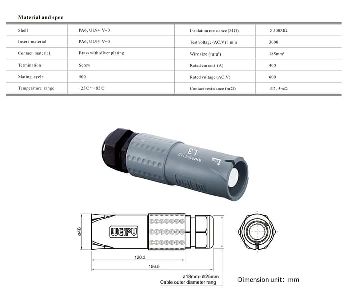 400Amp Male-contact plug WH400A-TJ-L3 IP67 2 - WEIPU
