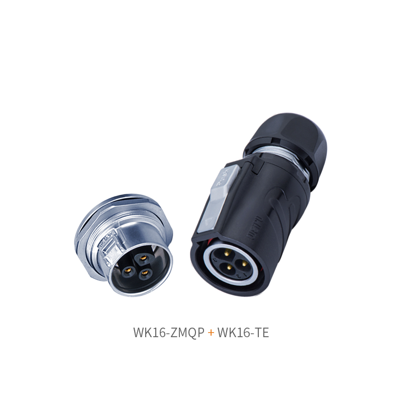 Weipu WK16-ZMQP shielded front nut panel mount socket paired with WK16-TE plug, V0 fireproof IP67 anti-interference push-pull industrial connector kit