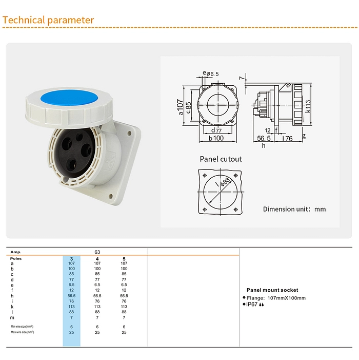 63A 3PIN Panel Mount Socket TYP5902-IP67 2 - WEIPU 63A 3PIN Panel Mount Socket TYP5902-IP67 2 - WEIPU