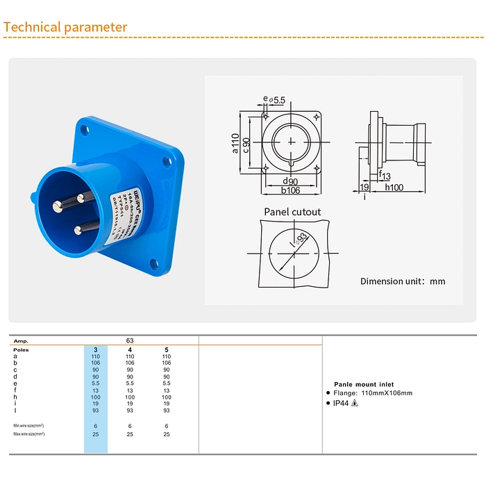 63A 3PIN Panle Mount Inlet TYP541-IP44 2 - WEIPU