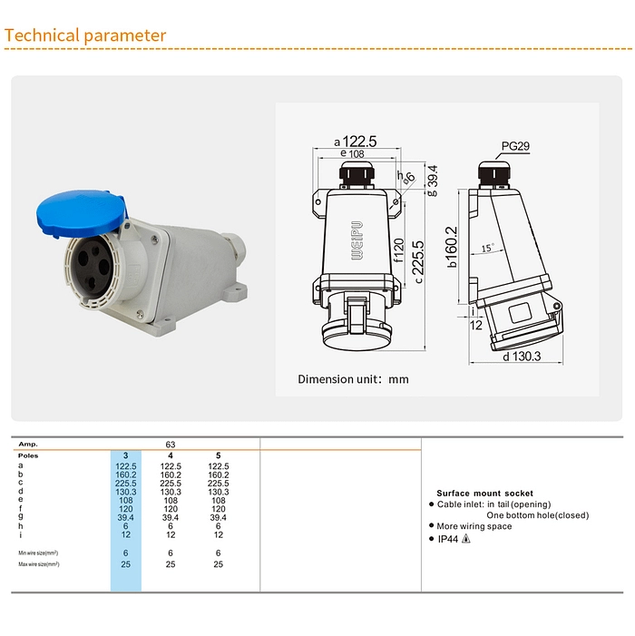 63A 3PIN Surface Mount Socket TYP6901-IP44 2 - WEIPU 63A 3PIN Surface Mount Socket TYP6901-IP44 2 - WEIPU