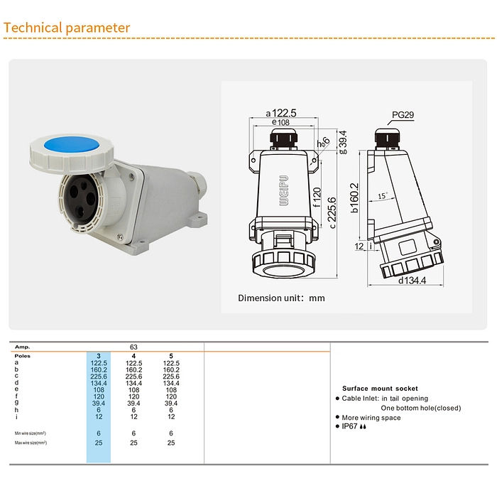 63A 3PIN Surface Mount Socket TYP6902-IP67 2 - WEIPU 63A 3PIN Surface Mount Socket TYP6902-IP67 2 - WEIPU