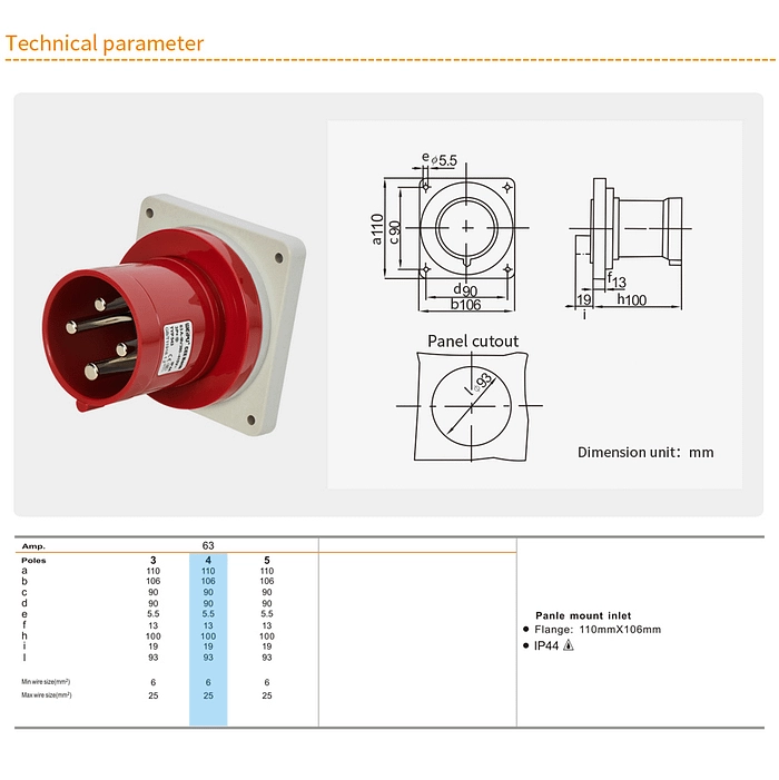 63A 4PIN Panle Mount Inlet TYP543-IP44 2 - WEIPU
