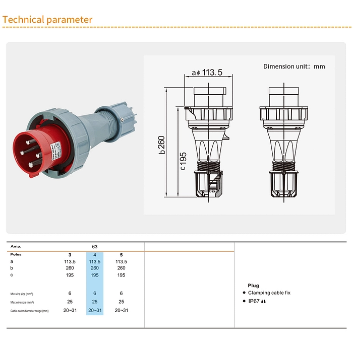 63A 4PIN Plug Clamping cable fix TYP673-IP67 2 - WEIPU