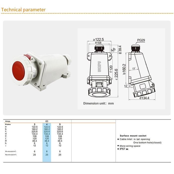 63A 4PIN Surface Mount Socket TYP6919-IP67 2 - WEIPU
