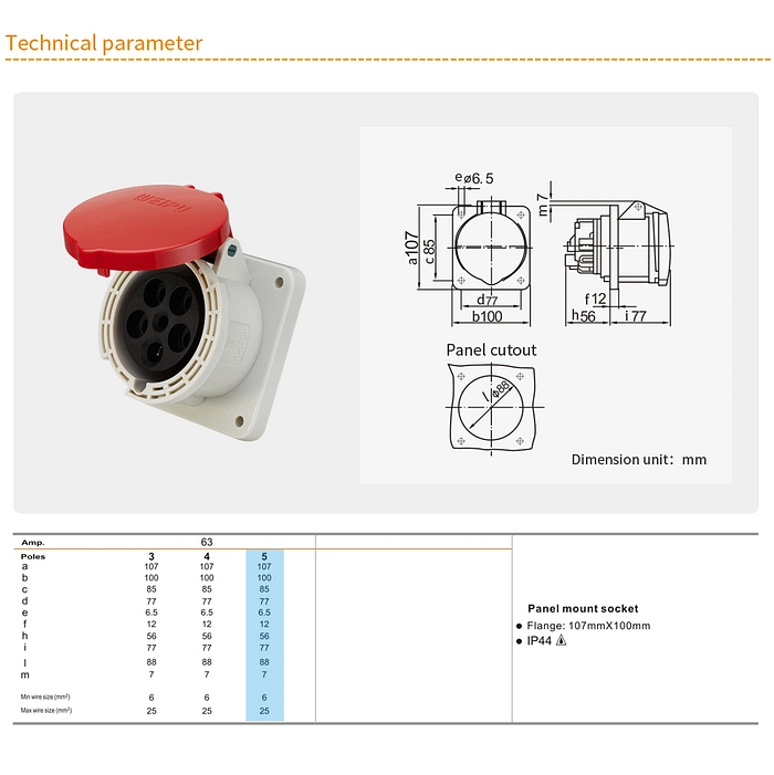 63A 5PIN Panel Mount Socket TYP5923-IP44 2 - WEIPU