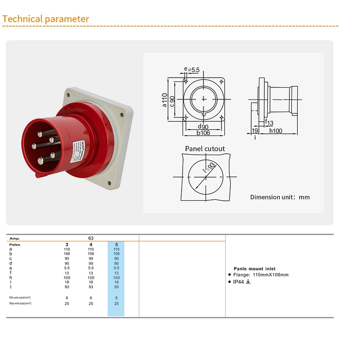 63A 5PIN Panle Mount Inlet TYP545-IP44 2 - WEIPU