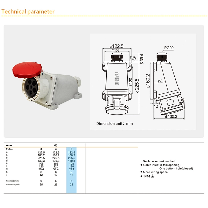 63A 5PIN Surface Mount Socket TYP6923-IP44 2 - WEIPU